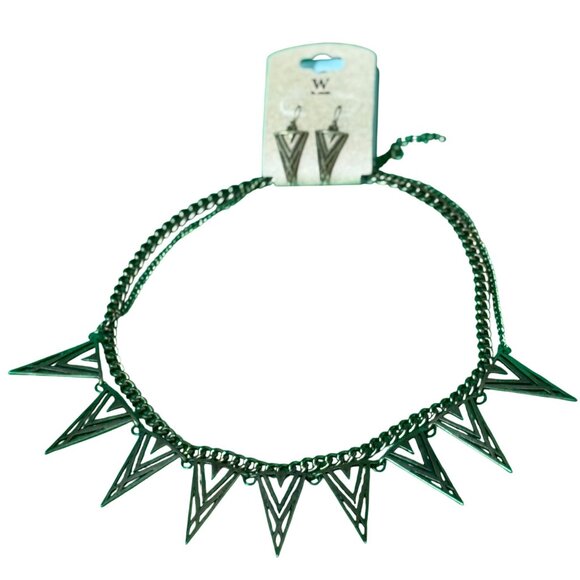 W Necklace Earring Set Triangle Pendants Geometric Design Double Chain Gold-Tone - Picture 3 of 14